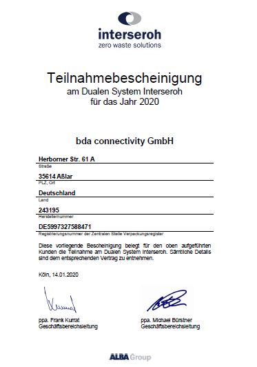 Certificate for disposal in the dual system Interseroh 2020