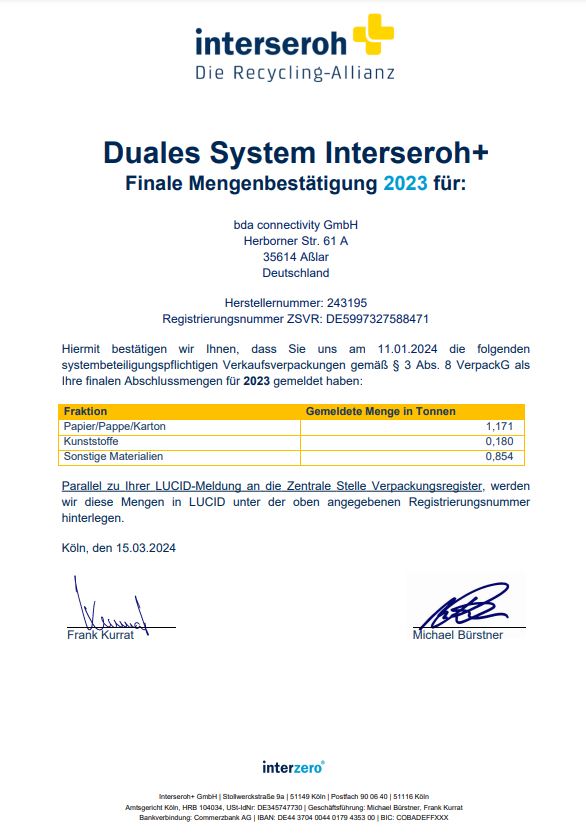 Teilnahmebescheinigung am Dualen System Interseroh 2023